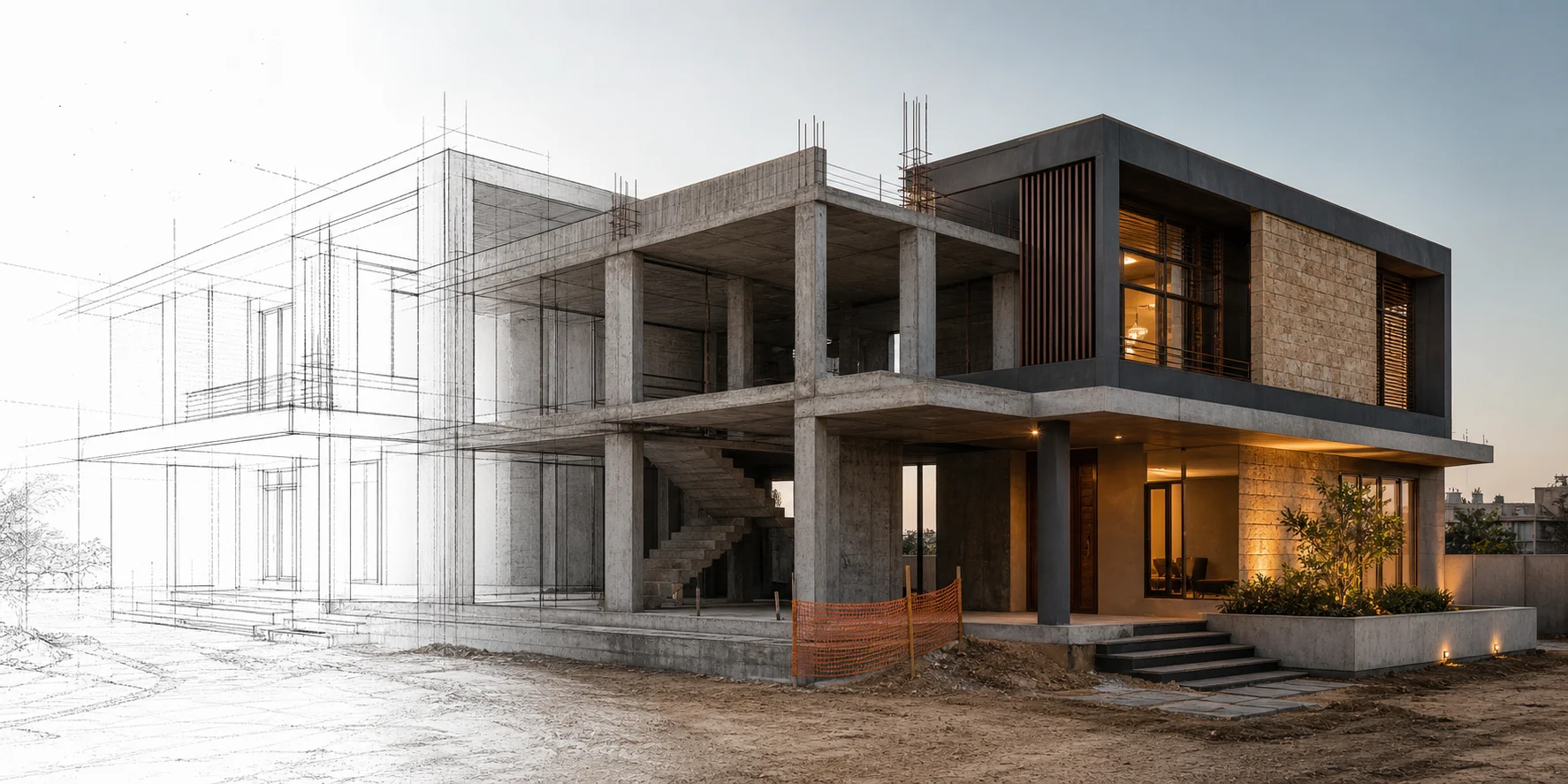 Conceptual residence transitioning from architectural linework through concrete structure to finished space