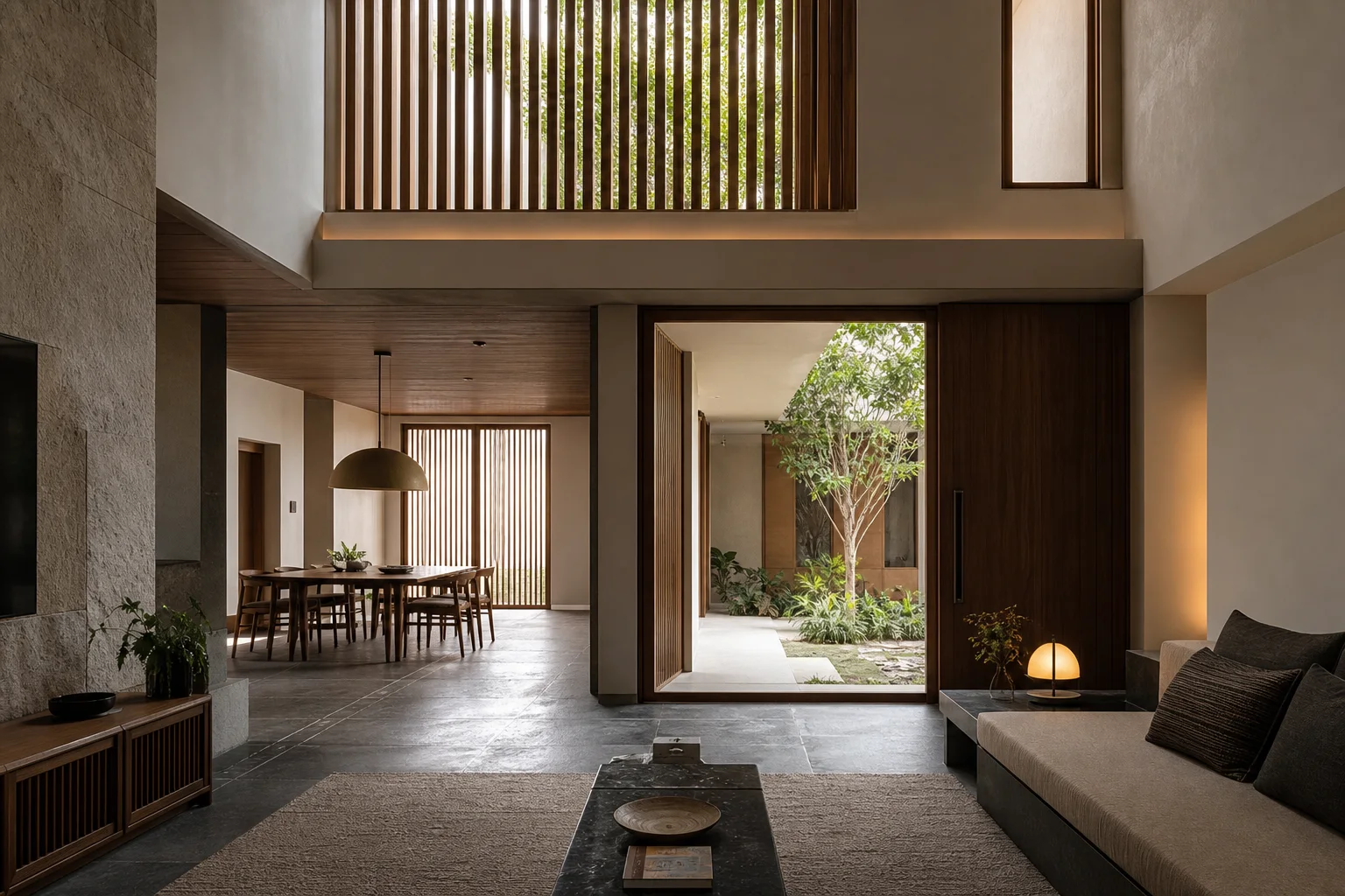 Concept study of a warm contemporary family interior around a shaded courtyard